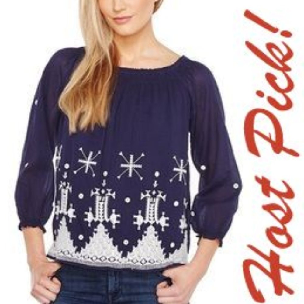 Joie New Top Embroidered Off The Shoulder Blouse Navy White Cotton Women's S
